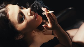 A Gorgeous Italian Girl Wearing Red Lipstick And Smoking A Cigarette Gets Ready For A Blowjob